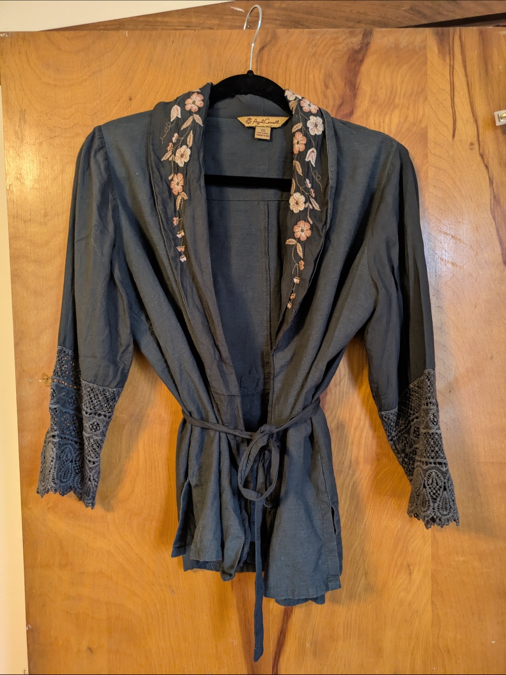 April Cornell Slate Blue Embroidered Kimono  Jacket 100% cotton